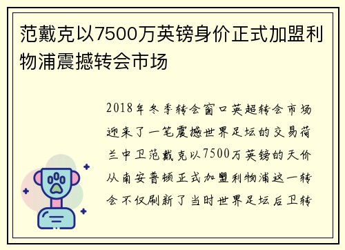 范戴克以7500万英镑身价正式加盟利物浦震撼转会市场